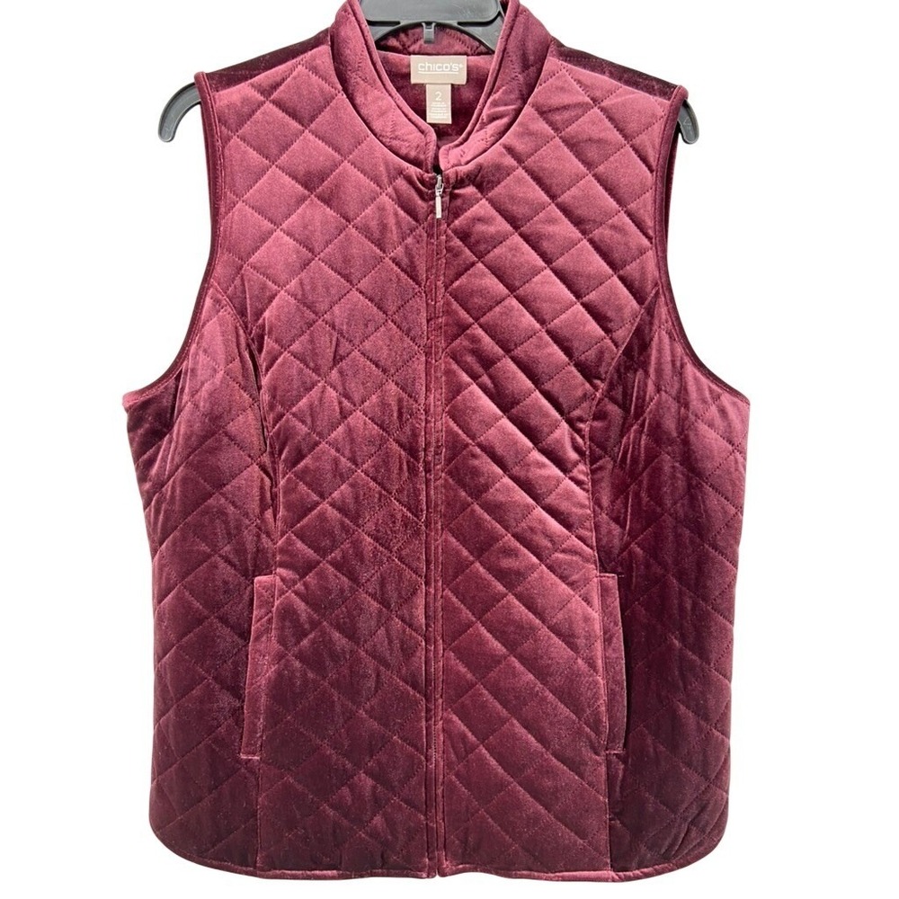 NWT Chico's Vest‎ Sz 2 L Velvet Quilt Plum Wine Quilted Mock Neck Full Zip